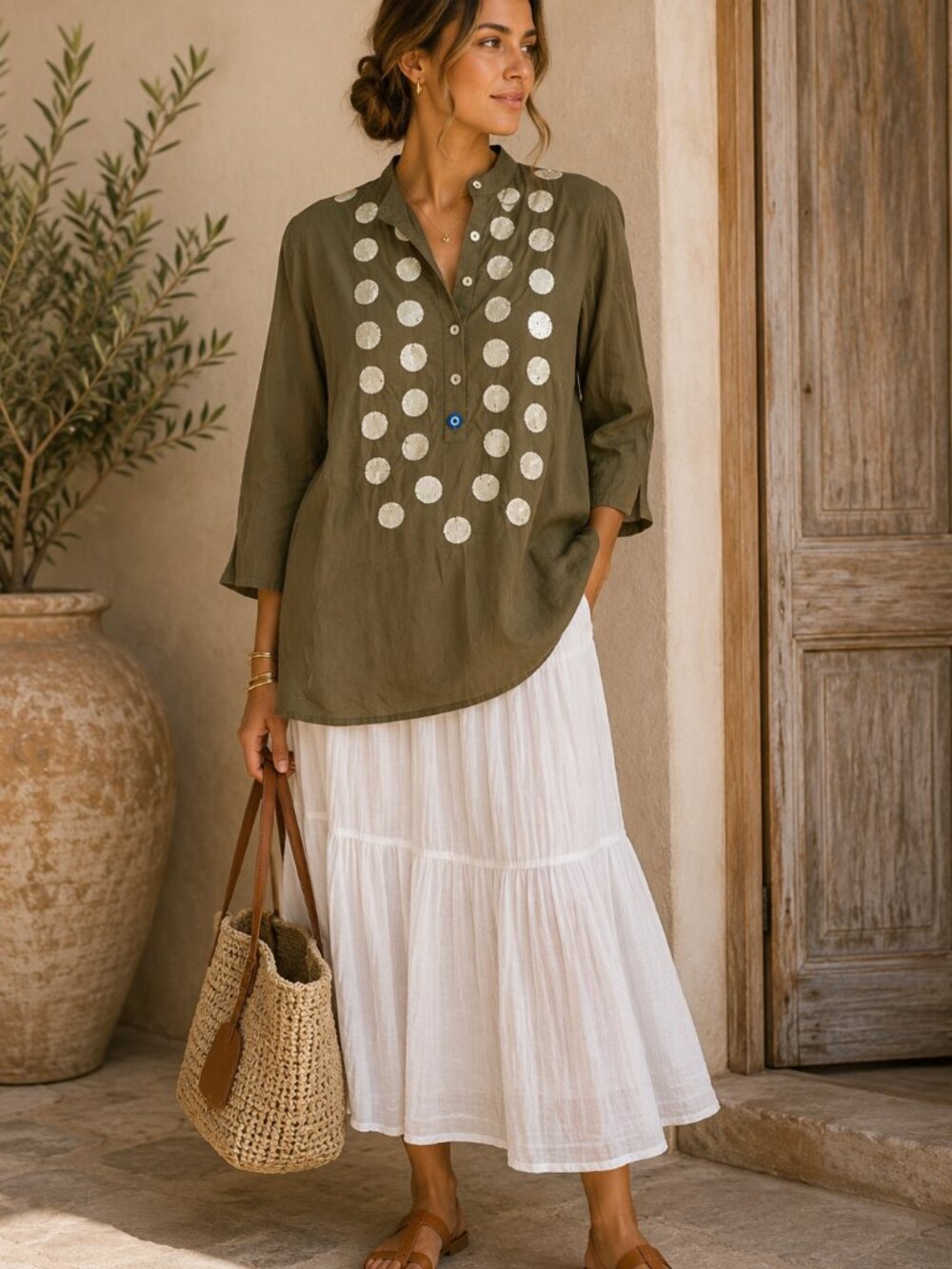 Figue for India Hicks Olive Embellished Evil Eye Tunic Blouse Size M